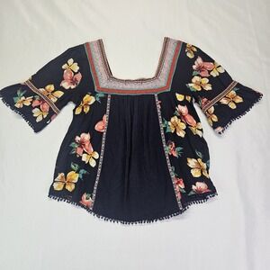 Anthroplogie Embroidered Fringe Red Yellow floral Ribbon Crop Top Small